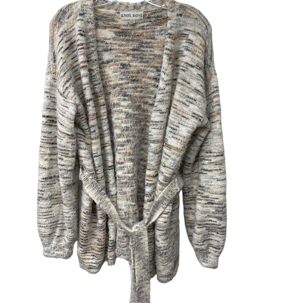 Knox Rose Tie Belt Cardigan Sweater Fuzzy Cozy Cream/Tan/Black Large